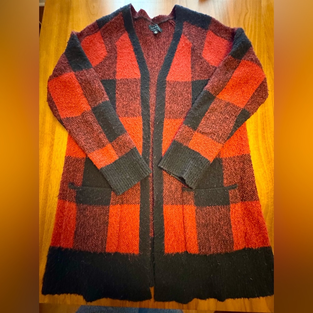 Lucky Brand Red and Black Buffalo Plaid Long Knit Open Sweater, size m